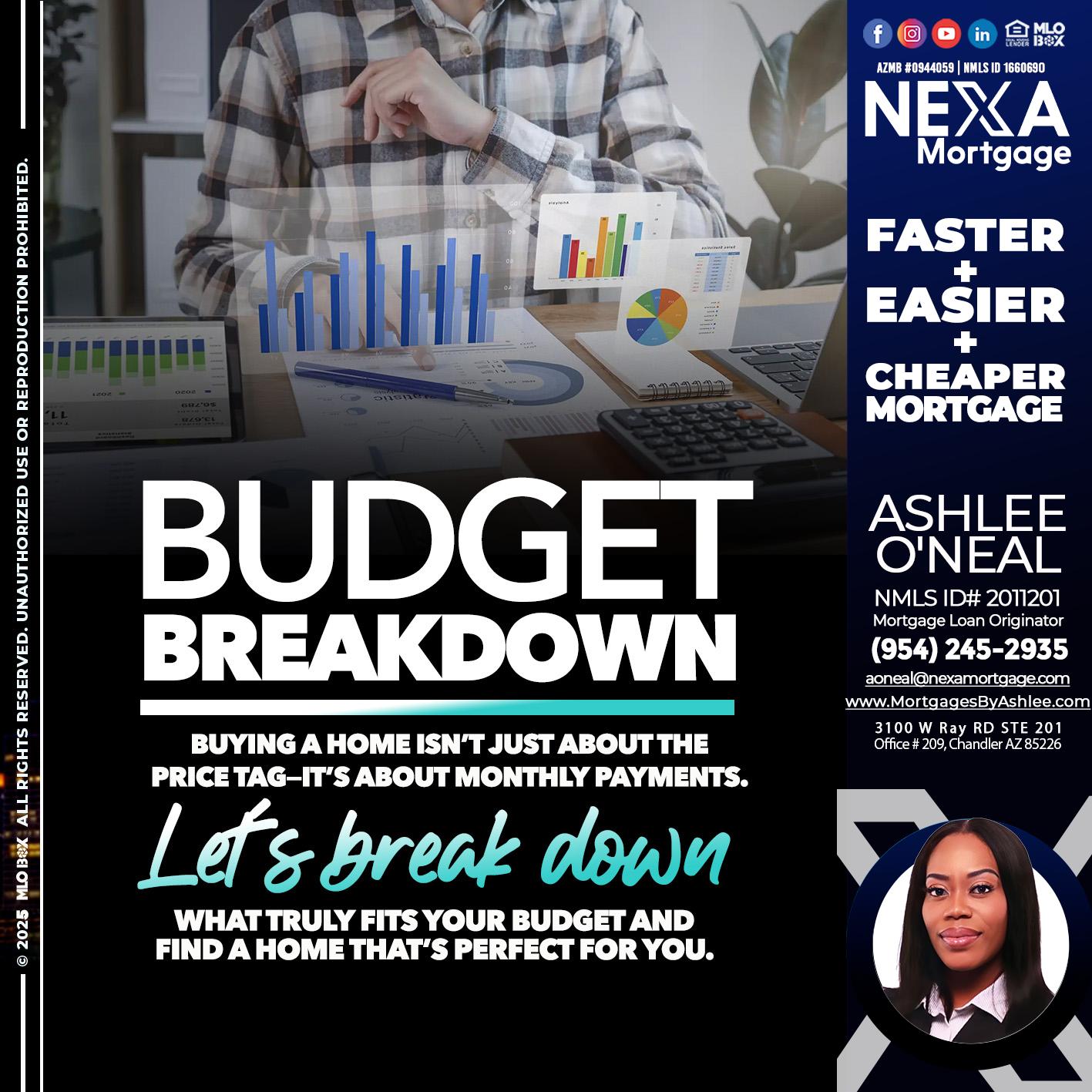 BUDGET BREAKDOWN - Ashlee O’Neal -Mortgage Loan Originator