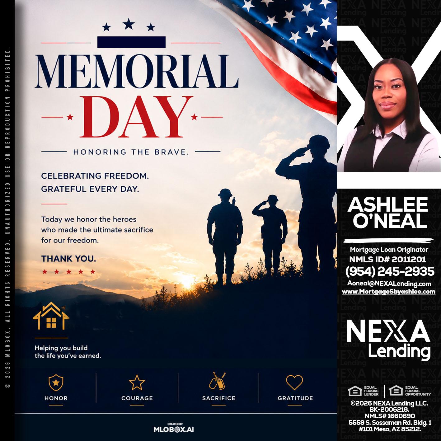 MEMORIAL DAY - Ashlee O’Neal -Mortgage Loan Originator